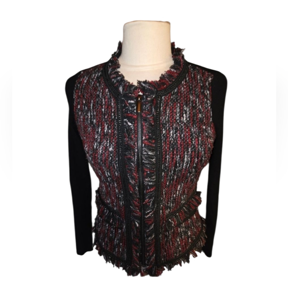 Cache Women's Tweed Sweater Jacket - Black and Red, Fringe Zip Front And Collar